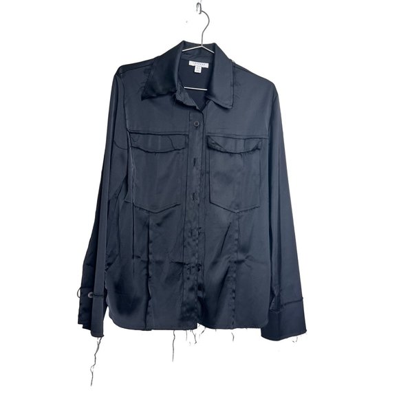Topshop Shirt Womens 2 Black Long Sleeve Co-ord Satin Raw Edges Button Front - Picture 2 of 6
